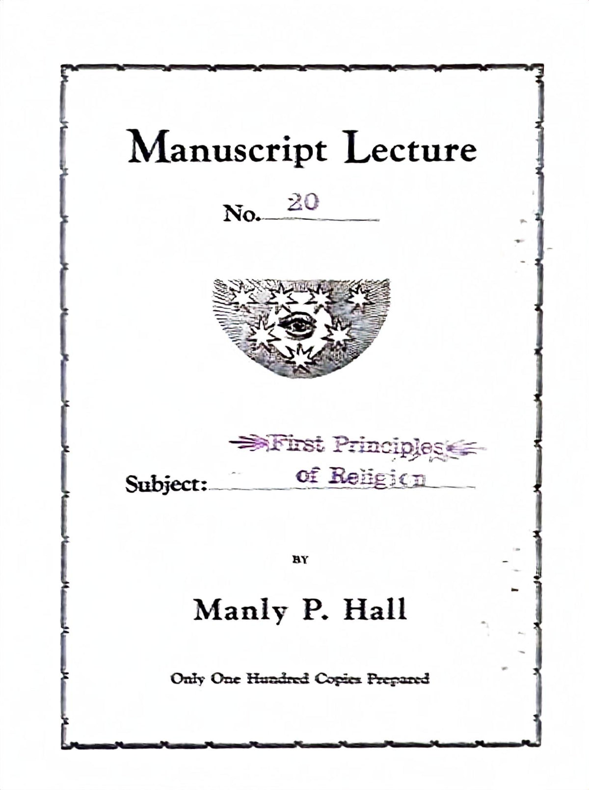 Cover of First Principles of Religion by Manly P. Hall, Manuscript Series No. 20