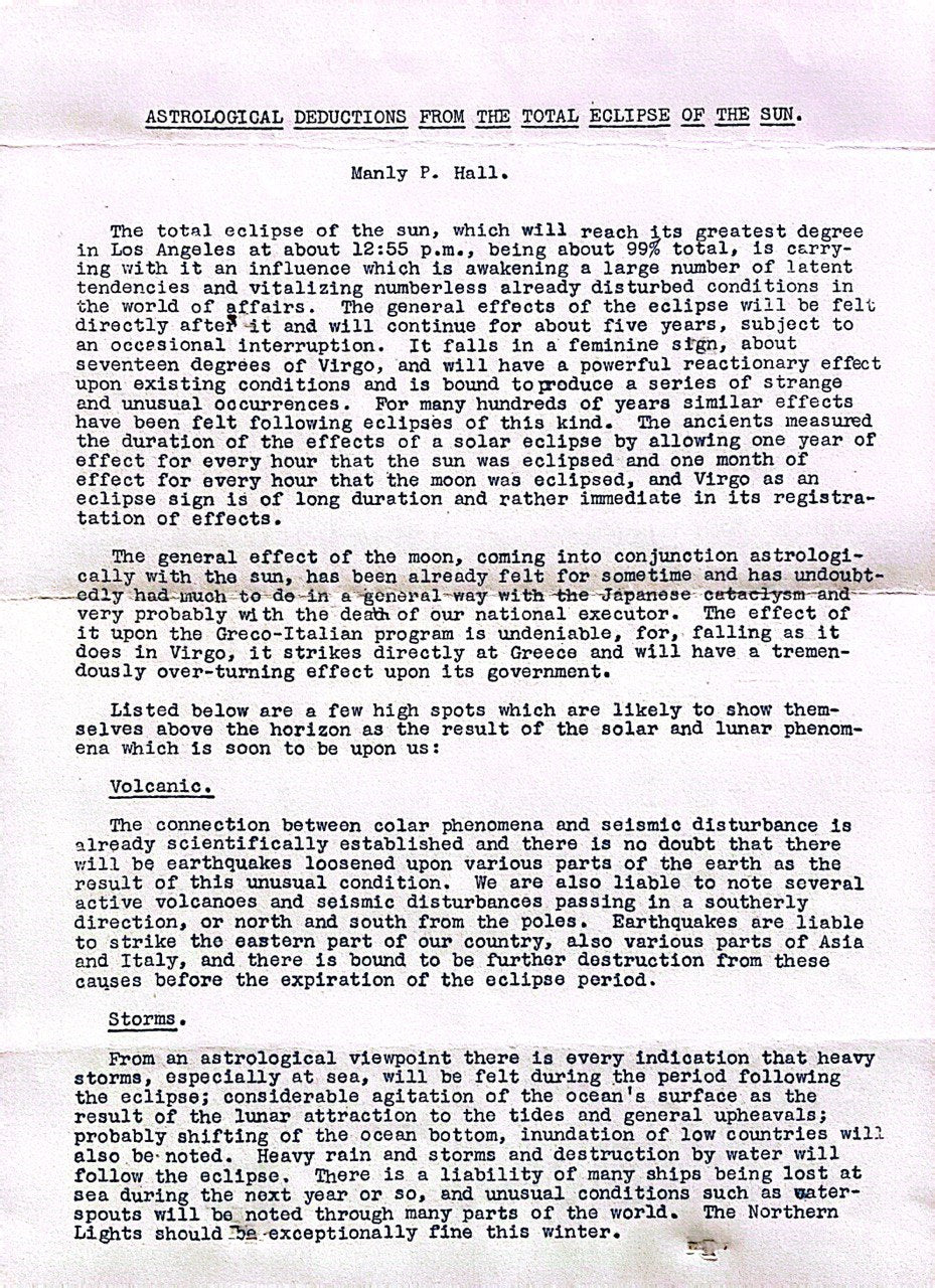 ASTROLOGICAL DEDUCTIONS FROM THE TOTAL ECLIPSE OF THE SUN — Manly P. Hall — 09-01-23