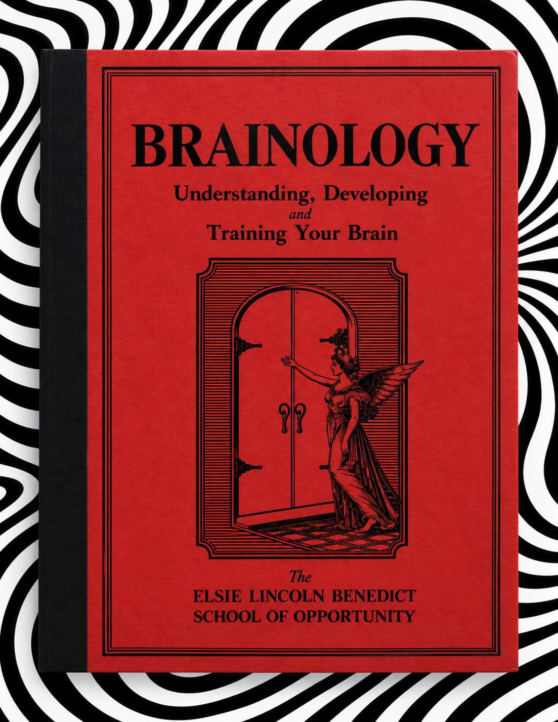 Brainology handmade red cardstock HPP book with black binding tape on optical swirl backdrop