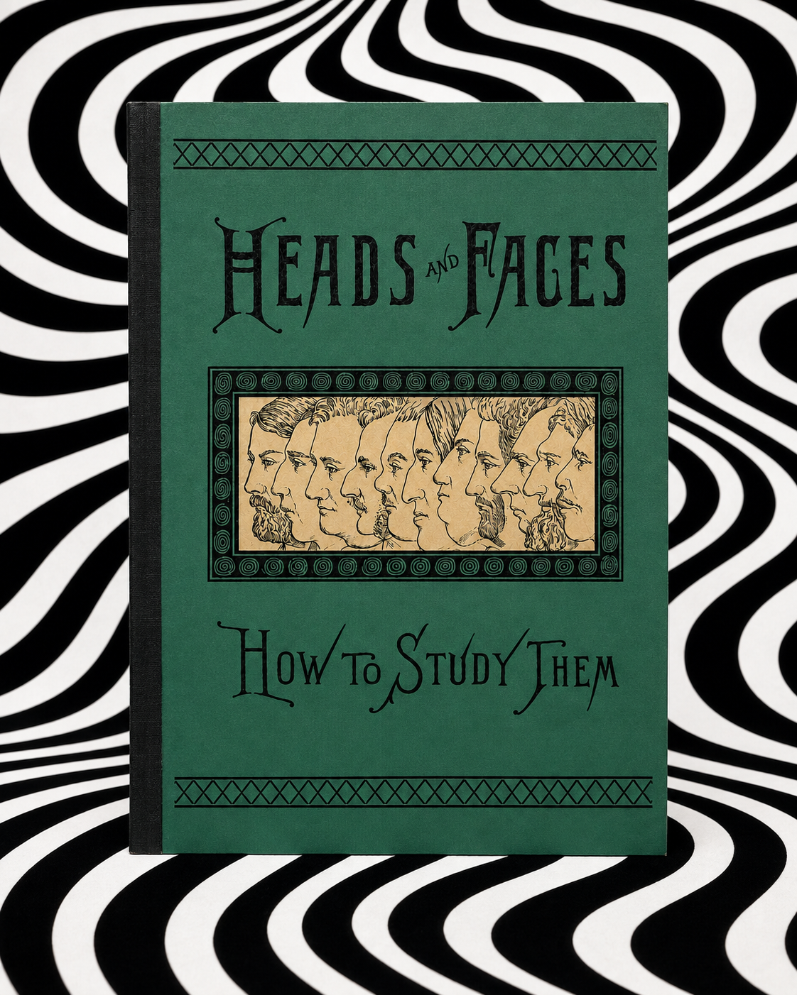 Heads and Faces by Nelson Sizer and Henry S. Drayton, emerald-green handmade Holographic Pagan Press edition with black tape binding on a crisp black-and-white optical backdrop