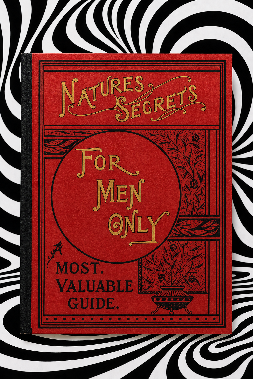 Nature’s Secrets: For Men Only by L. H. Anderson — crimson Holographic Pagan Press edition against a black-and-white optical-art backdrop