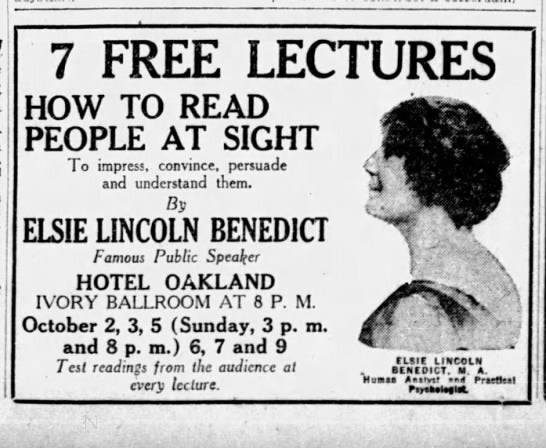Portrait of writer and lecturer Elsie Lincoln Benedict