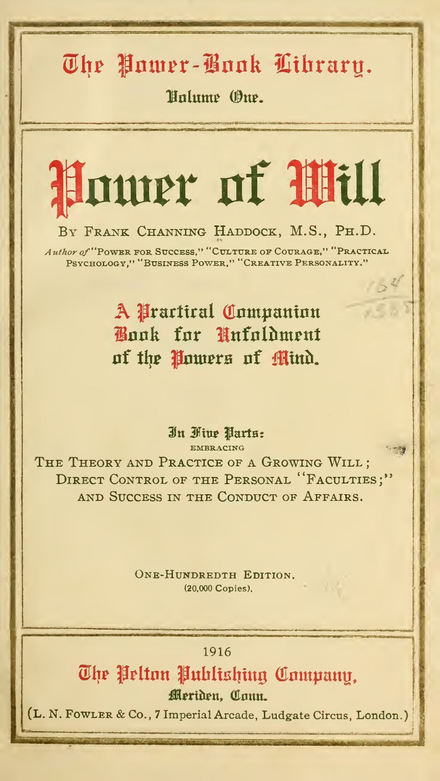 Title page of Frank Channing Haddock’s Power of Will, 1916 edition