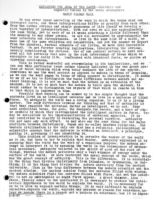 EXPLORING THE AURA OF THE EARTH — Electric and magnetic forces in the outer atmosphere — 02-02-47 — Manly P. Hall