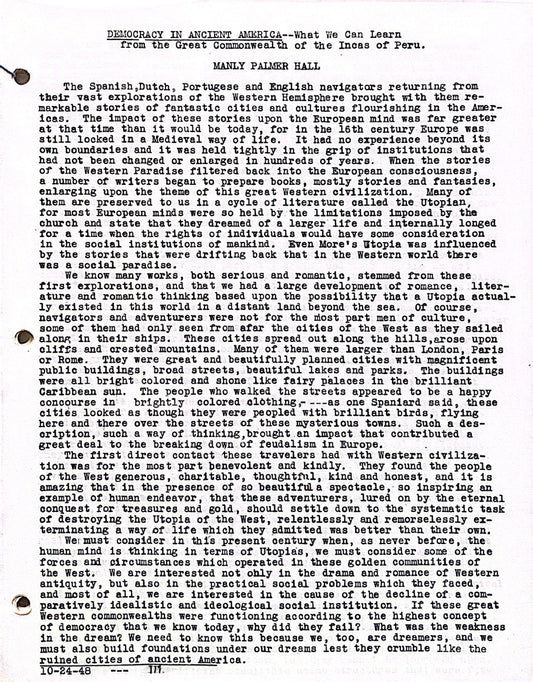 DEMOCRACY IN ANCIENT AMERICA -- What We Can Learn from the Great Commonwealth of the Incas of Peru — Manly P. Hall — 10-31-48