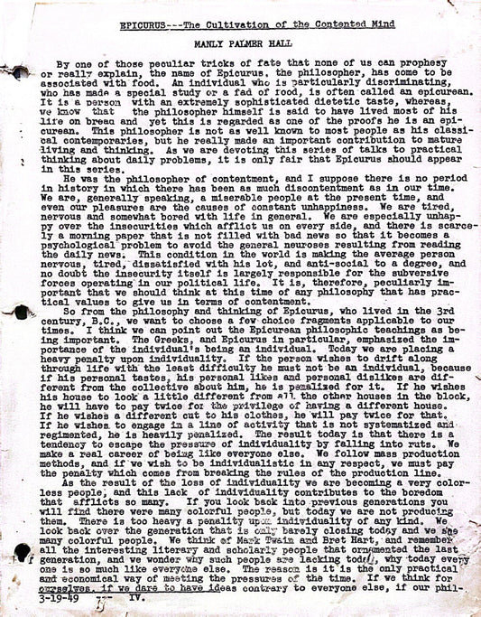 EPICURUS -- The Cultivation of the Contented Mind  — Manly P. Hall  — 03-19-49