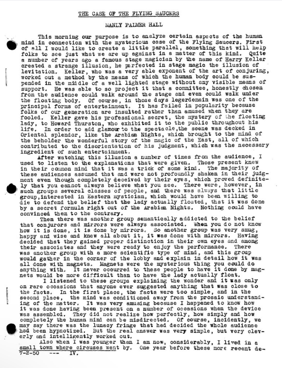 THE CASE OF THE FLYING SAUCERS — 1950 — Manly P. Hall