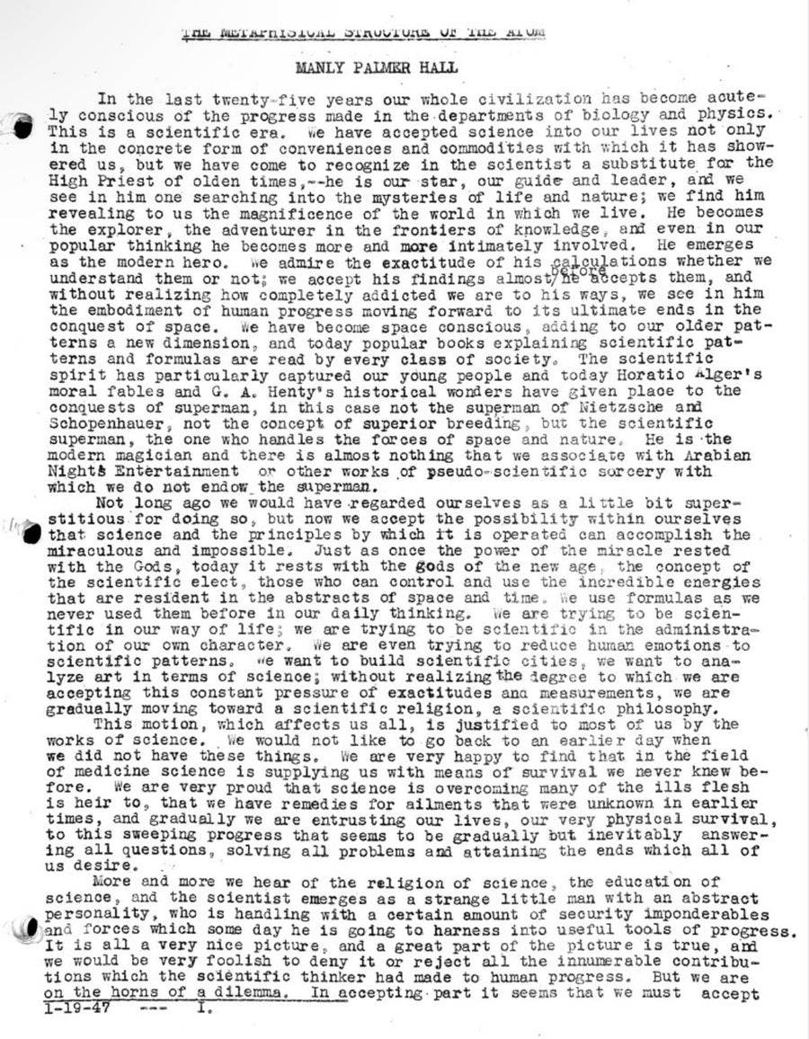 The Metaphysical Structure of the Atom — Manly P. Hall — Lecture Papers No. 18