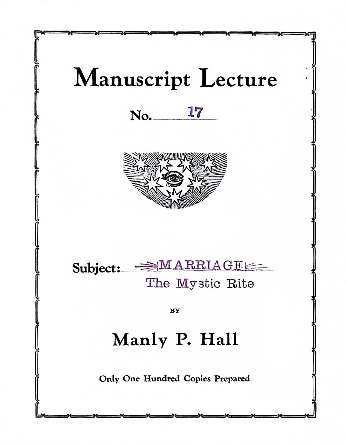 Cover of Marriage, the Mystic Rite by Manly P. Hall, Manuscript Series No. 17