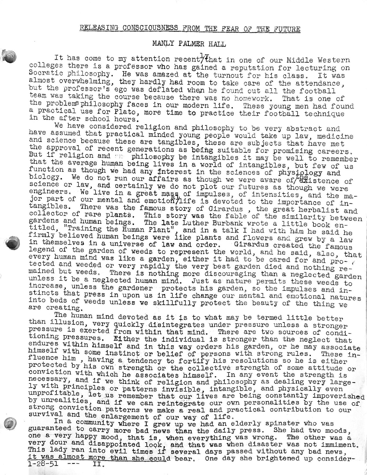 Releasing Consciousness from the Fear of the Future — 01-28-51 — Manly P. Hall