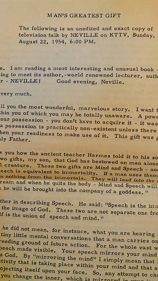 Man's Greatest Gift :  KTTV Lecture Transcription -- Neville Goddard -- 1954