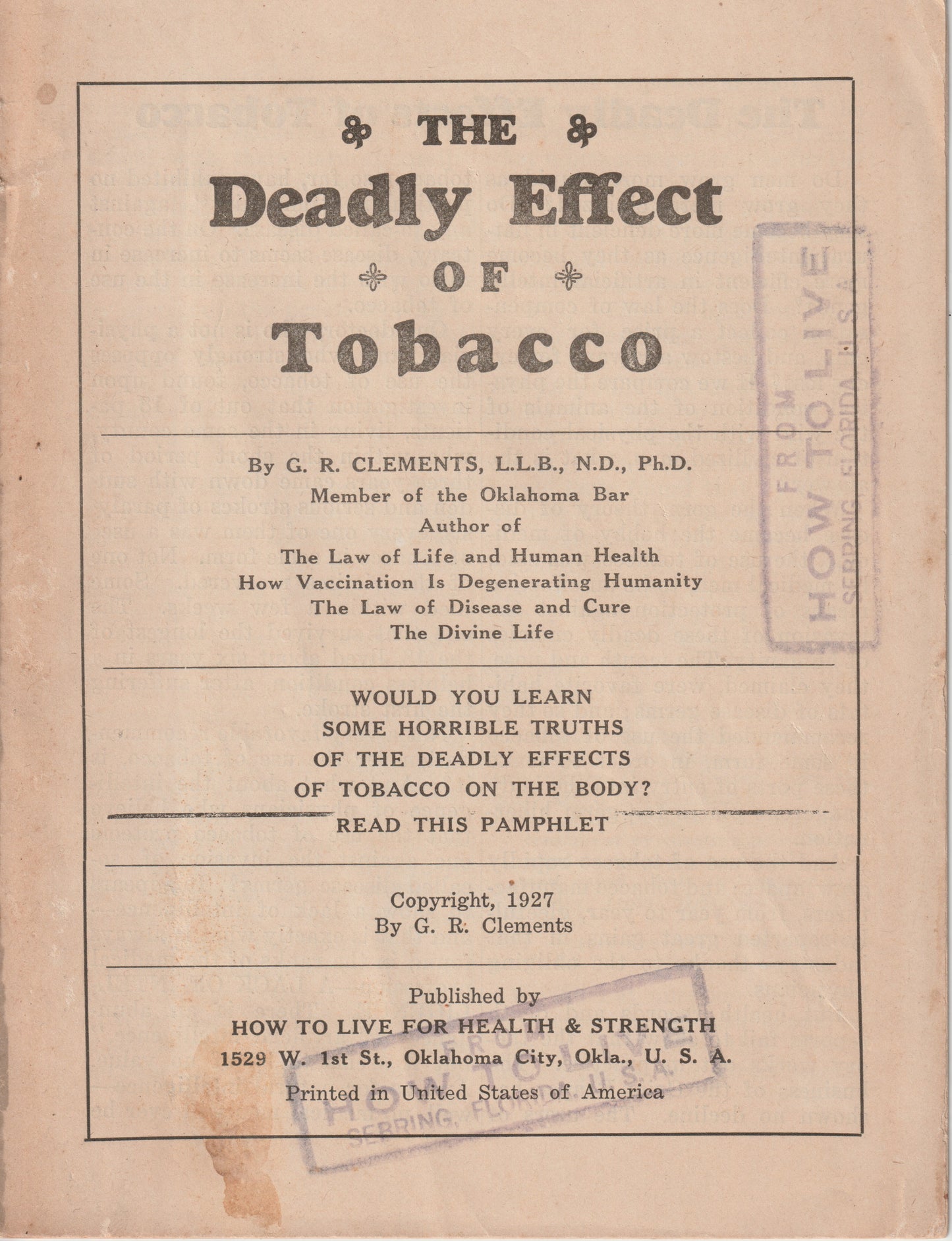 The Deadly Effect of Tobacco -- Hilton Hotema (George Clements) -- 1927