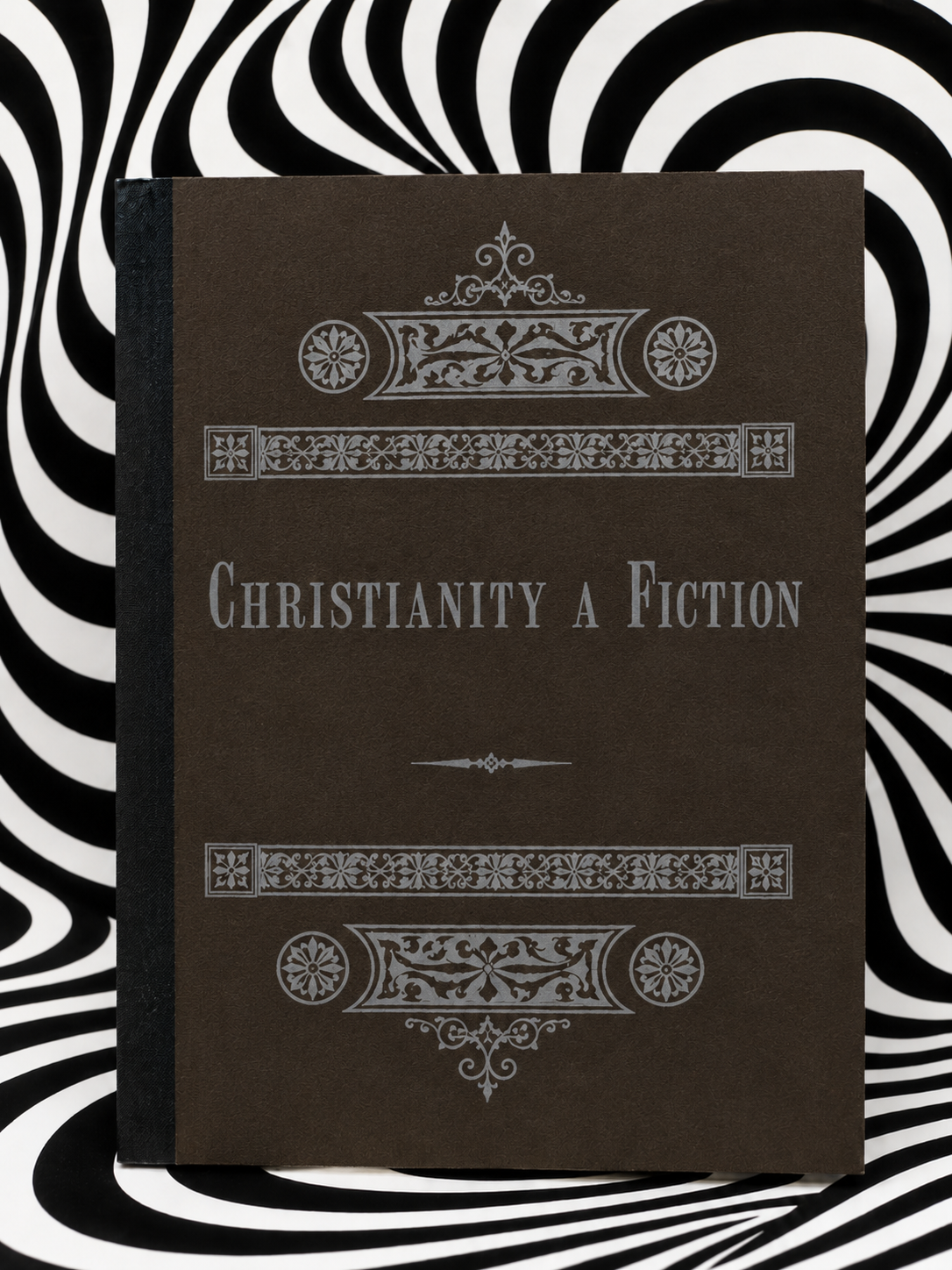 Holographic Pagan Press edition of Christianity: A Fiction by Dr. J. H. Mendenhall, dark brown cardstock with black binding tape