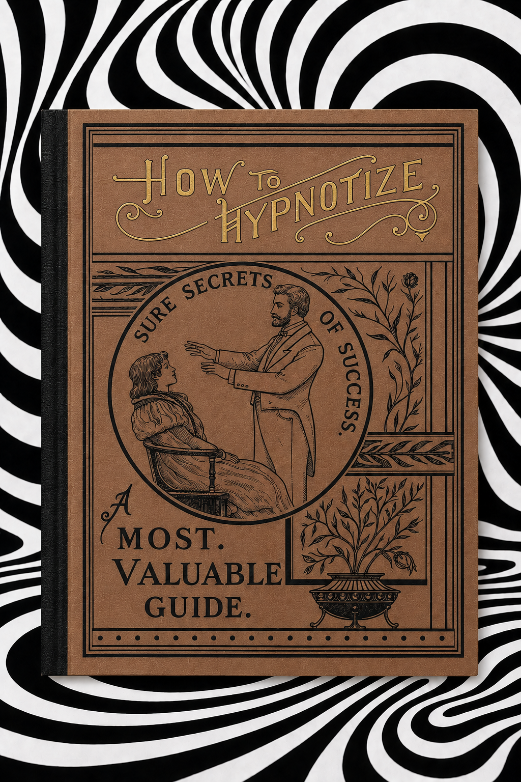 How to Hypnotize by L. H. Anderson — brown Holographic Pagan Press edition against a black-and-white optical-art backdrop