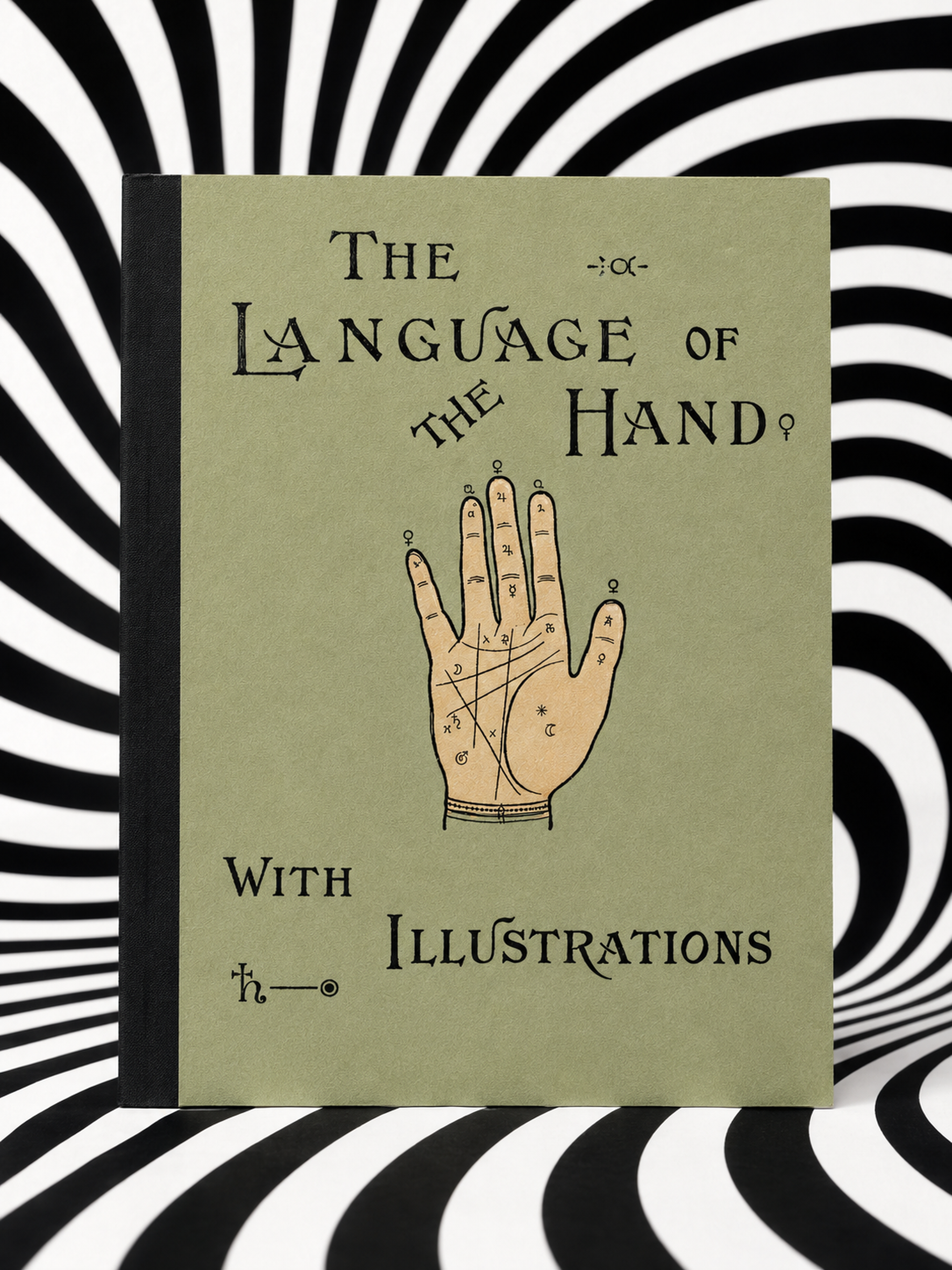 The Language of the Hand by Henry Frith and Edward Heron-Allen, handmade green Holographic Pagan Press edition with black binding on a black-and-white optical backdrop