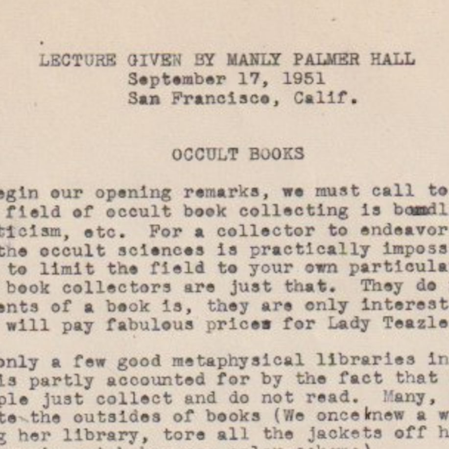 Occult Books : A Lecture -- Manly P. Hall -- 09-17-51