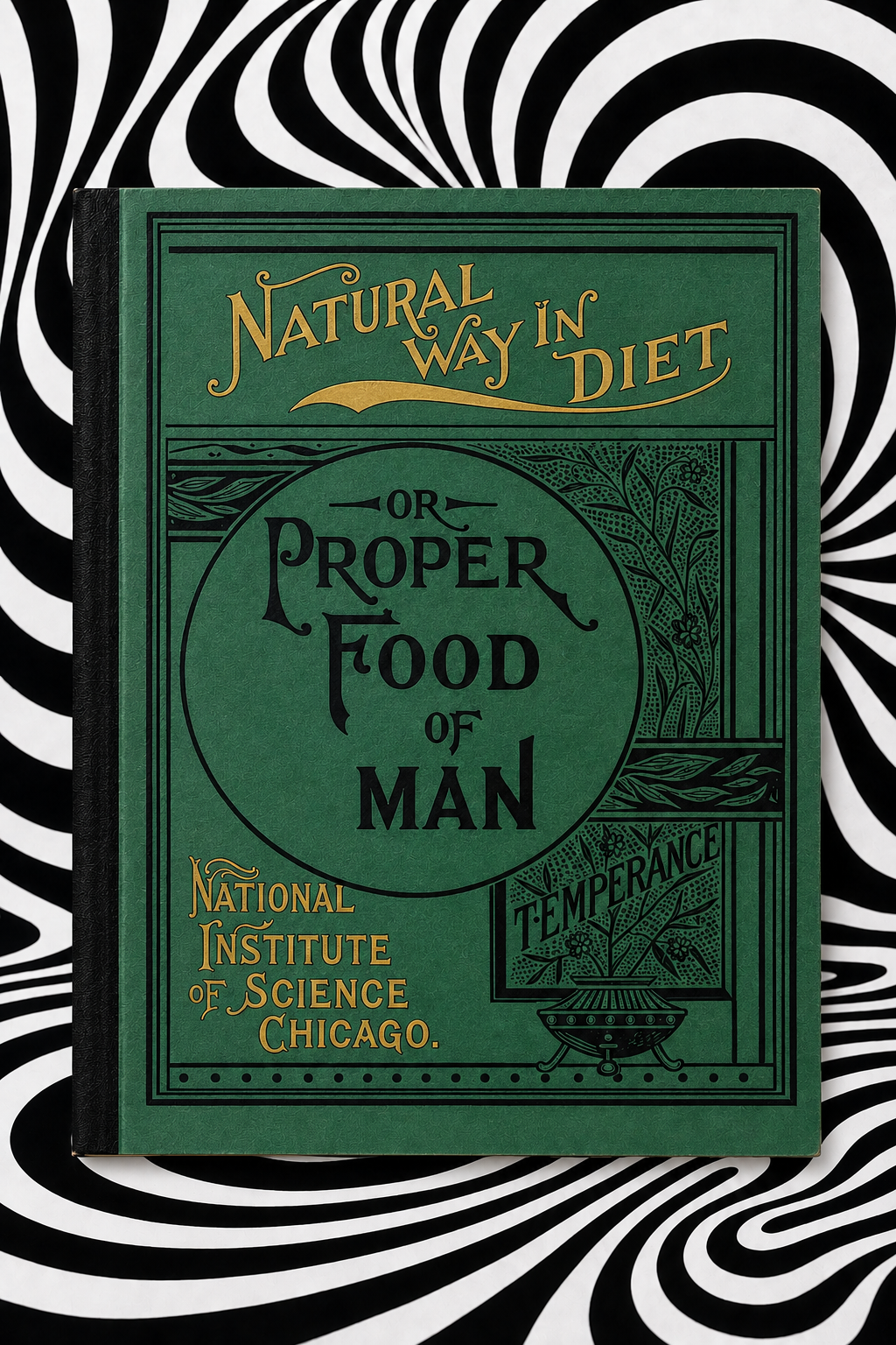 Natural Way in Diet, or The Proper Food of Man by L. H. Anderson — emerald-green Holographic Pagan Press edition against a black-and-white optical-art backdrop