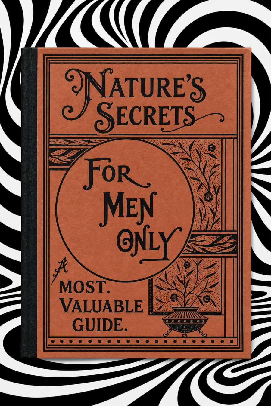 Nature’s Secrets: For Men Only by L. H. Anderson — terracotta and black Holographic Pagan Press edition against a black-and-white optical-art backdrop