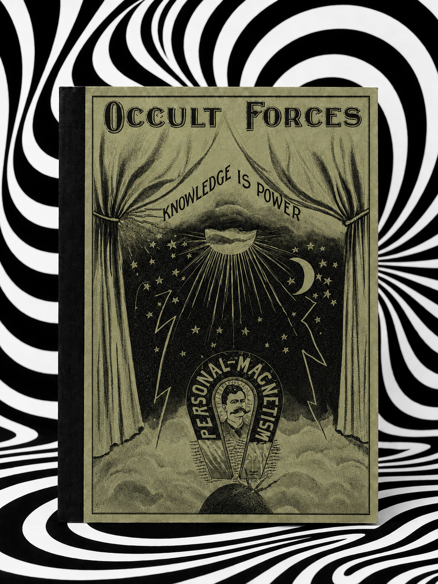 Occult Forces by L. H. Anderson — muted olive-green Holographic Pagan Press edition with black binding tape on black-and-white optical-art backdrop
