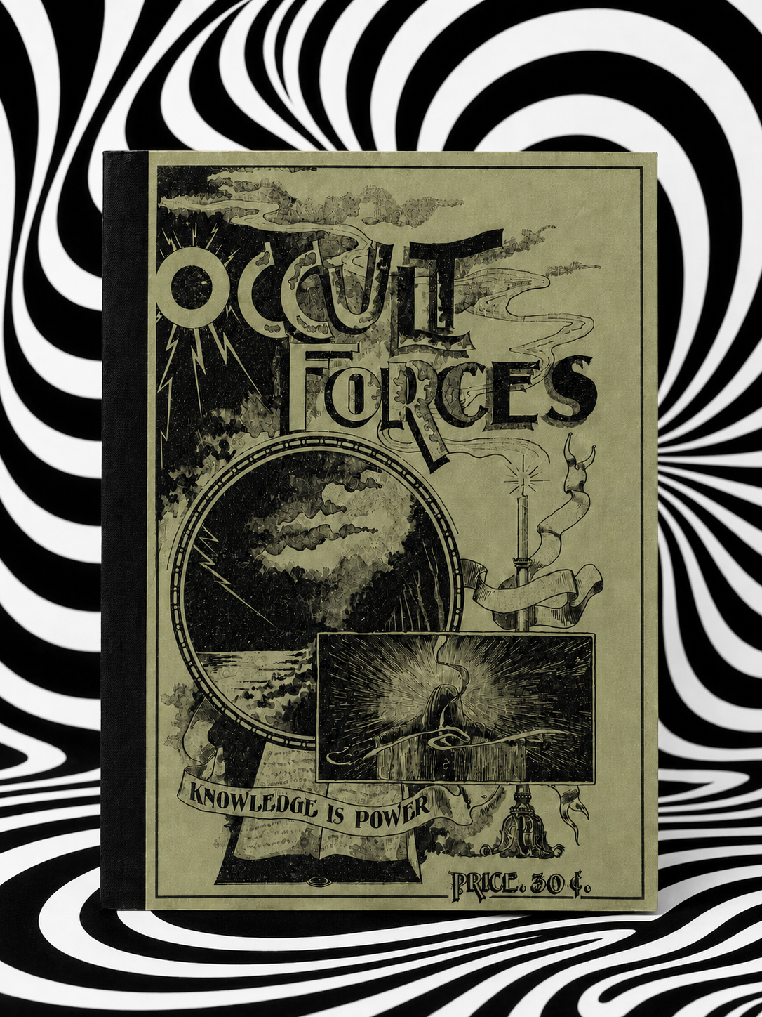 Occult Forces by L. H. Anderson — olive-green Holographic Pagan Press edition against a black-and-white optical-art backdrop