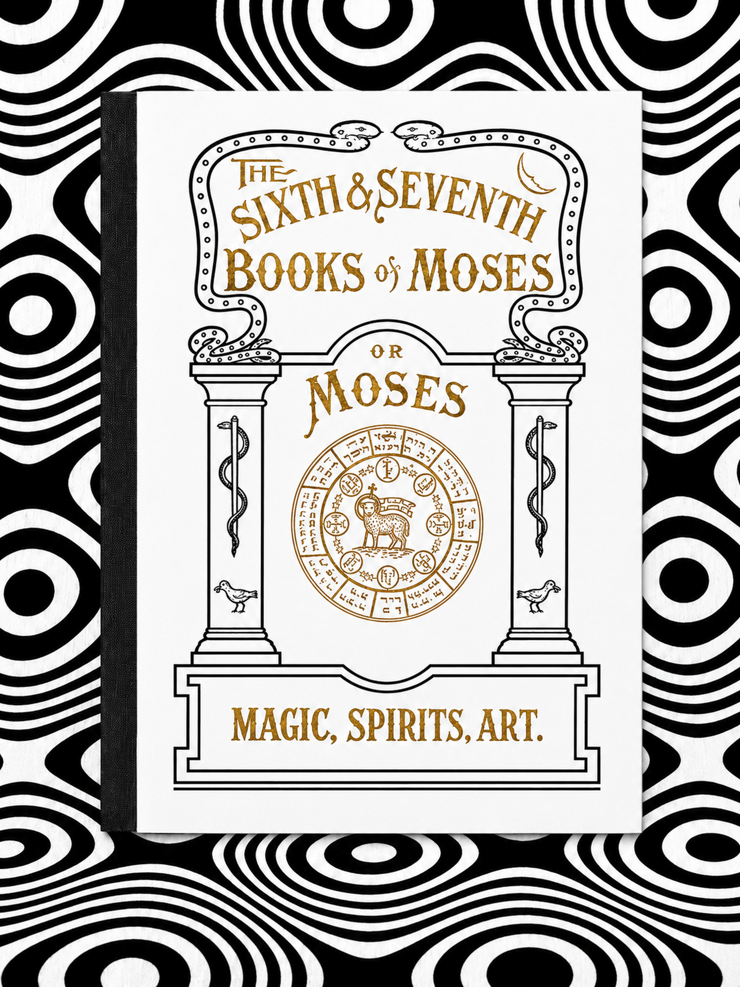 The Sixth and Seventh Books of Moses handmade Holographic Pagan Press edition with black binding on a black-and-white optical backdrop
