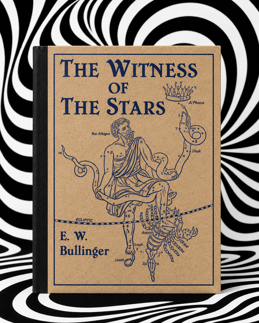 The Witness of the Stars by E. W. Bullinger — kraft Holographic Pagan Press edition with navy blue printing and black binding tape